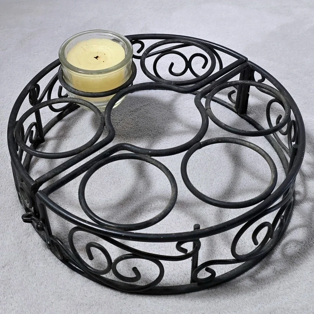 Vintage Black Metal 7-Candle Holder Folding Scrollwork Centerpiece